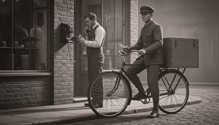Black and white vintage scene of a postman on a bicycle holding mail and a man using a wall-mounted telephone.