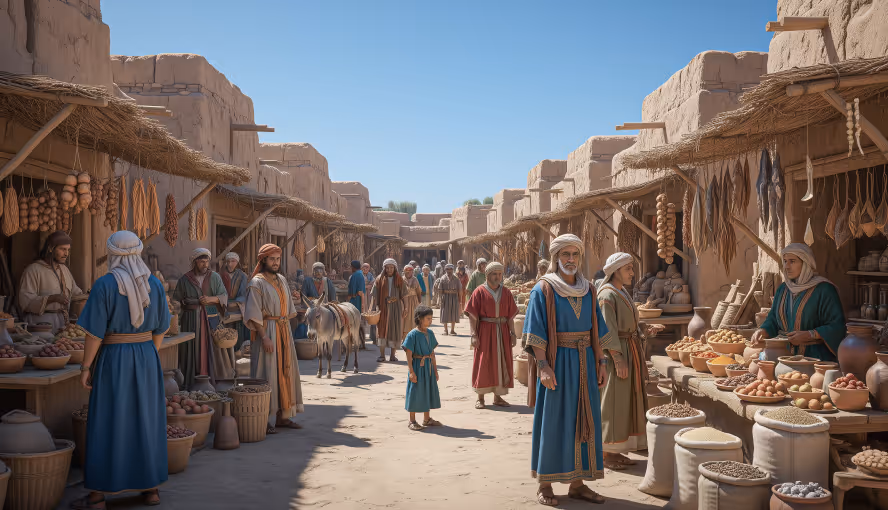 Bustling ancient marketplace with people dressed in traditional robes, surrounded by clay buildings and market stalls displaying food items.