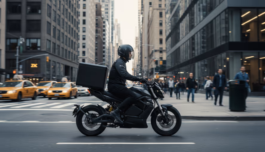 Motorcycle courier wearing helmet riding a black electric motorcycle in a busy city street with yellow taxis and pedestrians.